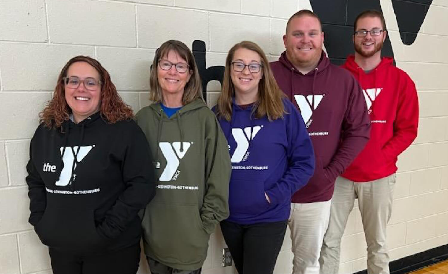 Our team of Directors - (L to R) Amy Adams – Associate Director, Terri Burch – Health & Wellness Director, Amber Holbrook – Youth & Family Director, Riley Gruntorad – CEO, YMCA of the Prairie, Daniel Holbrook – Sports Director.